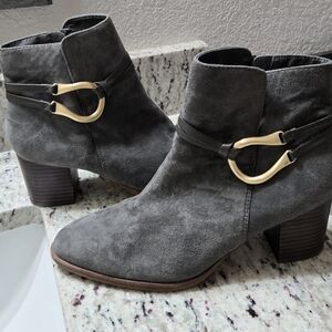 Isola Charcoal Suede Ankle Boots with Gold Accent Sz 9
